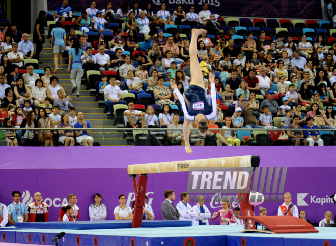 İdman gimnastikası üzrə fərdi çoxnövçülük yarışlarının finalı keçirilir. Bakı, Azərbaycan, 18 iyun 2015